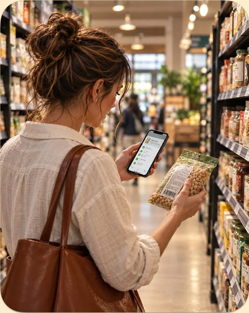 A shopper checking a product in the grocery aisle