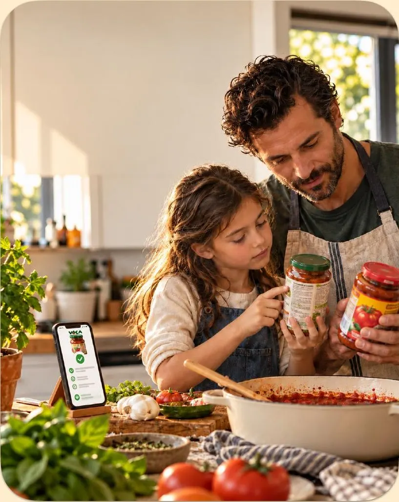 A father and daughter looking at food labels together
